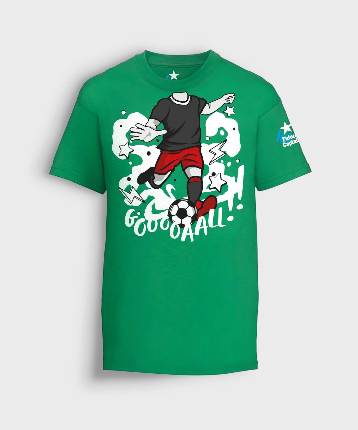 Green Kids Future Captain T-shirt with Footballer taking a shot at goal graphic.