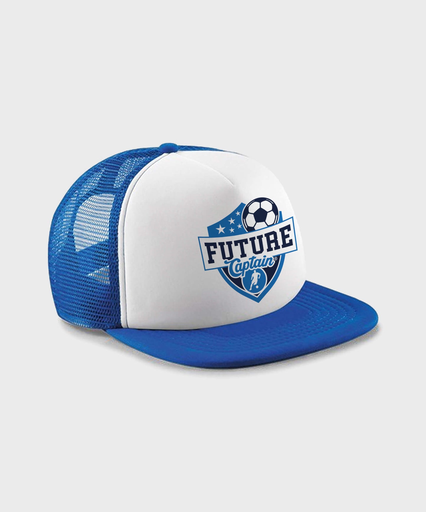 Royal Blue/White Kids Trucker Cap with Future Captain Shield design