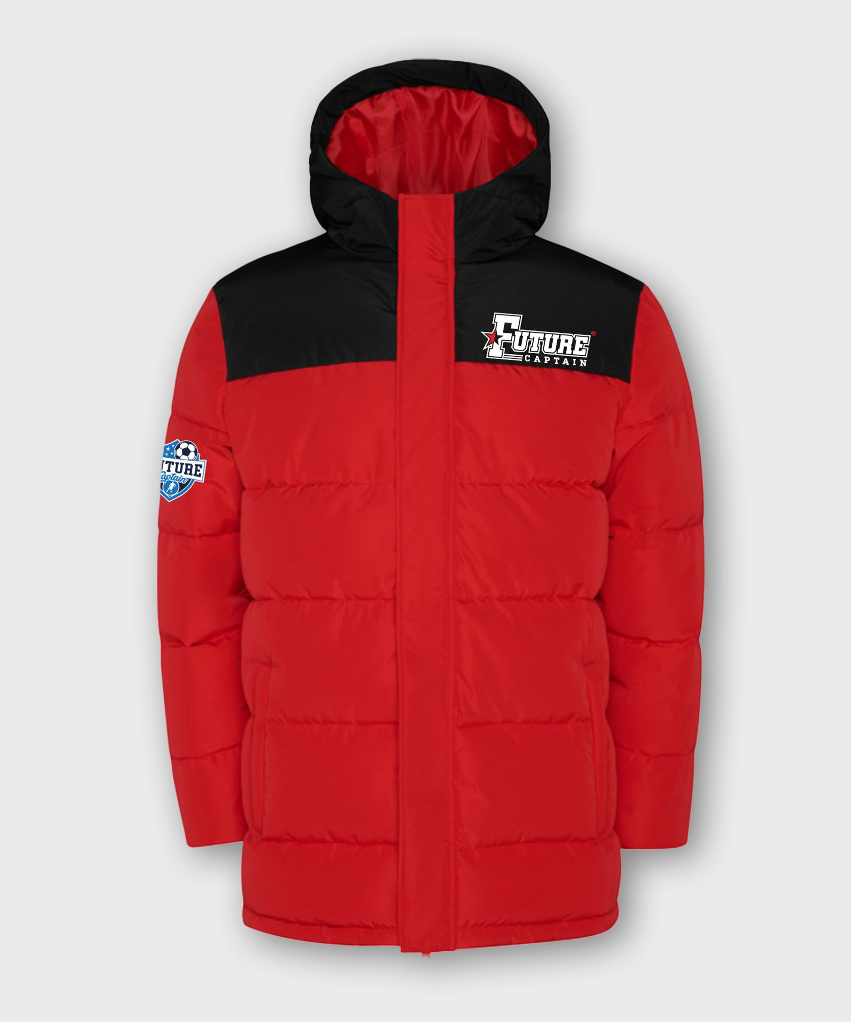 Navy/Black Kids Insulated Jacket with Future Captain design on left front panel and shield design on right sleeve.