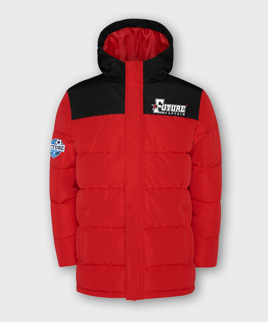 Navy/Black Kids Insulated Jacket with Future Captain design on left front panel and shield design on right sleeve.