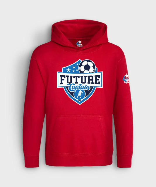Red kids hoodie with Future Captain Shield design