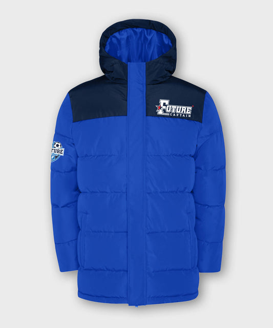 Navy/Black Kids Insulated Jacket with Future Captain design on left front panel and shield design on right sleeve.
