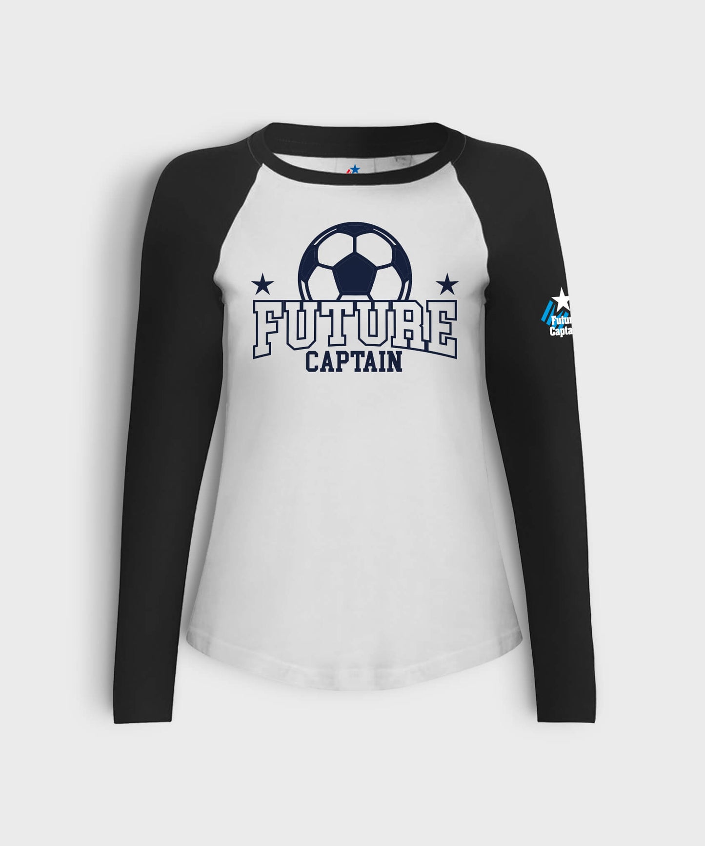 White/Black Kids long sleeve baseball shirt with Future Captain Outline design