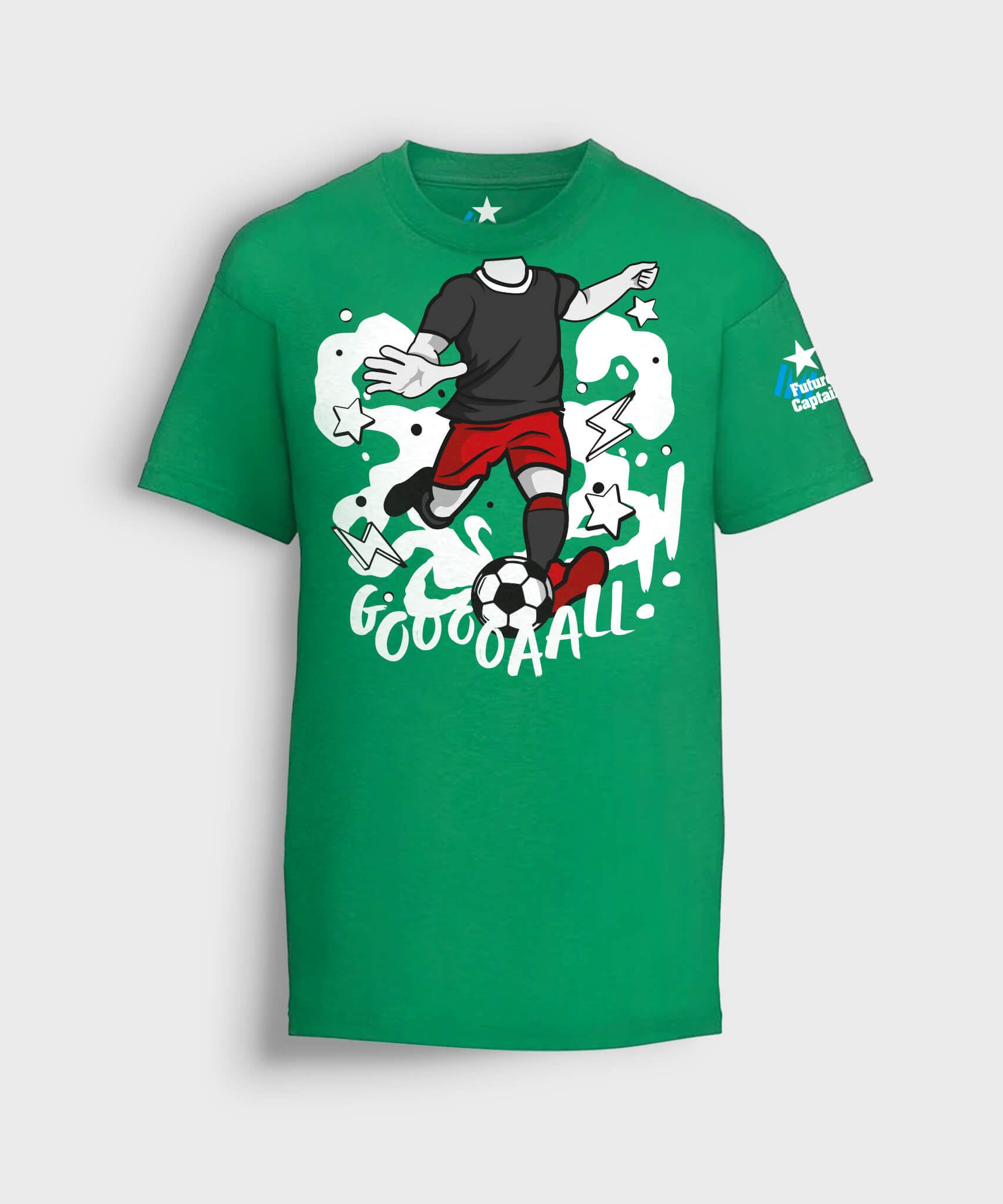 Green Kids Future Captain T-shirt with Footballer taking a shot at goal graphic.