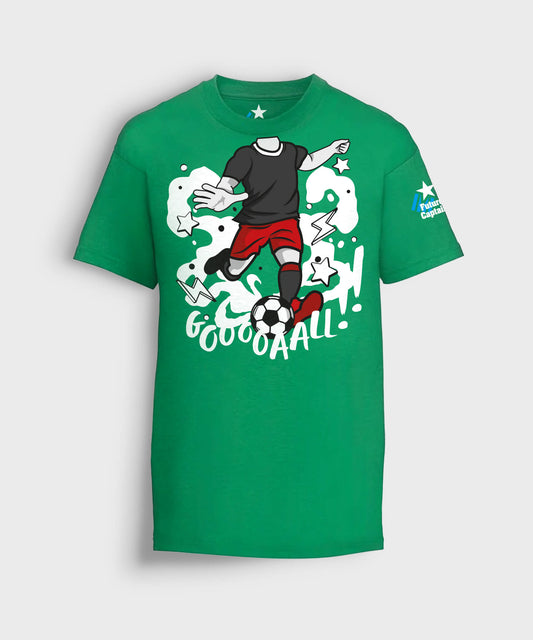 Green Kids Future Captain T-shirt with Footballer taking a shot at goal graphic.