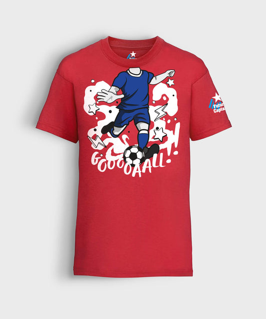 Red Kids Future Captain T-shirt with Footballer taking a shot at goal graphic.