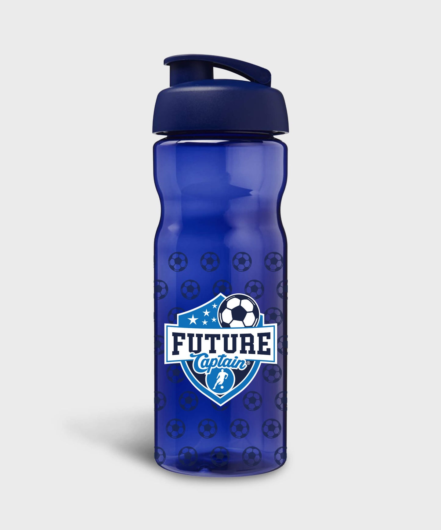 Blue recycled sports water bottle with Future Captain Shield design