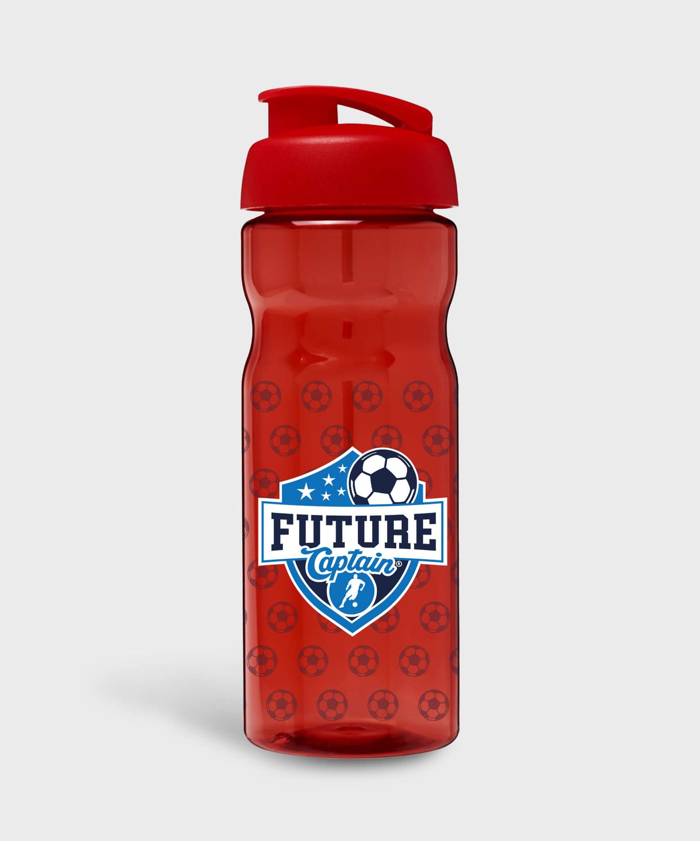 Red recycled sports water bottle with Future Captain Shield design